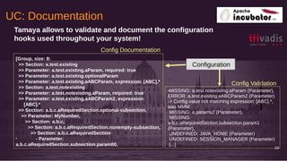20
Configuration
[Group, size: 8:
>> Section: a.test.existing
>> Parameter: a.test.existing.aParam, required: true
>> Parameter: a.test.existing.optionalParam
>> Parameter: a.test.existing.aABCParam, expression: [ABC].*
>> Section: a.test.notexisting
>> Parameter: a.test.notexisting.aParam, required: true
>> Parameter: a.test.existing.aABCParam2, expression:
[ABC].*
>> Section: a.b.c.aRequiredSection.optional-subsection,
>> Parameter: MyNumber,
>> Section: a.b.c,
>> Section: a.b.c.aRequiredSection.nonempty-subsection,
>> Section: a.b.c.aRequiredSection

- Parameter:
a.b.c.aRequiredSection.subsection.param00,
Config Documentation
Tamaya allows to validate and document the configuration
hooks used throughout your system!
UC: Documentation
Config Validation
MISSING: a.test.notexisting.aParam (Parameter),
ERROR: a.test.existing.aABCParam2 (Parameter)
-> Config value not matching expression: [ABC].*,
was MMM
MISSING: a.params2 (Parameter),
MISSING:
a.b.c.aRequiredSection.subsection.param1
(Parameter),
UNDEFINED: JAVA_HOME (Parameter)
UNDEFINED: SESSION_MANAGER (Parameter)
[...]
 