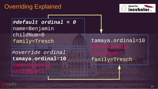 Overriding Explained
27
#default ordinal = 0
name=Benjamin
childNum=0
family=Tresch
#override ordinal
tamaya.ordinal=10
name=Anatole
childNum=3
tamaya.ordinal=10
name=Anatole
childNum=3
family=Tresch
 