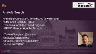 Anatole Tresch
●
Principal Consultant, Trivadis AG (Switzerland)
●
Star Spec Lead JSR 354
●
Technical Architect, Lead Engineer
●
PPMC Member Apache Tamaya
●
Twitter/Google+: @atsticks
●
anatole@apache.org
●
anatole.tresch@trivadis.com
●
JUG Switzerland
3
Bio
 