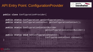 API Entry Point: ConfigurationProvider
42
public class ConfigurationProvider{
public static Configuration getConfiguration();
public static ConfigurationContext getConfigurationContext();
public static ConfigurationContextBuilder
getConfigurationContextBuilder()
public static void setConfigurationContext(
ConfigurationContext context);
}
 