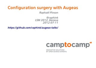 Configuration surgery with Augeas
                         Raphaël Pinson

                            @raphink
                     LSM 2012, Geneva
                          2012-07-11
https://github.com/raphink/augeas-talks/
 