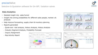 Data Analytics
• Detailed insight into sales funnel
• Insight into wining probabilities for different sales people, market s &
products
• Help improve forecasting, supply chain & inventory planning
• Reports generated
• Quote won –lost analysis, History Analysis, History Analysis
• Industry Segment Analysis, Probability Forecast
• Inquiry Assignment
• Rep Activity Report
Selection & Quotation software for On-Off / Isolation valves
preciseValve
 