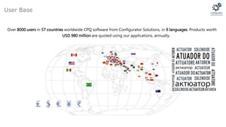 Over 8000 users in 57 countries worldwide CPQ software from Configurator Solutions, in 9 languages. Products worth
USD 980 million are quoted using our applications, annually.
User Base
 