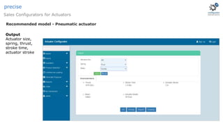 Recommended model - Pneumatic actuator
Sales Configurators for Actuators
precise
Output
Actuator size,
spring, thrust,
stroke time,
actuator stroke
 