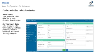 Product selection – electric actuator
Sales Configurators for Actuators
precise
Valve input
Type, pressure class,
bore, no of start
threads, flow direction
Service input data
Inlet pressure, inlet
temperature, seat test
pressure, mode of
operation, Maximum
Working Pressure
 