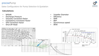 • NPSHR
• Discharge Pressure
• Viscosity Correction Factor
• Consistency Correction Factor
• VFD Correction Factor
• Shut-off Head
• Impeller Diameter
• Efficiency
• RPM
• BEP
• Synchronous speed
• BKW
Calculations
Sales Configurators for Pump Selection & Quotation
precisePump
 