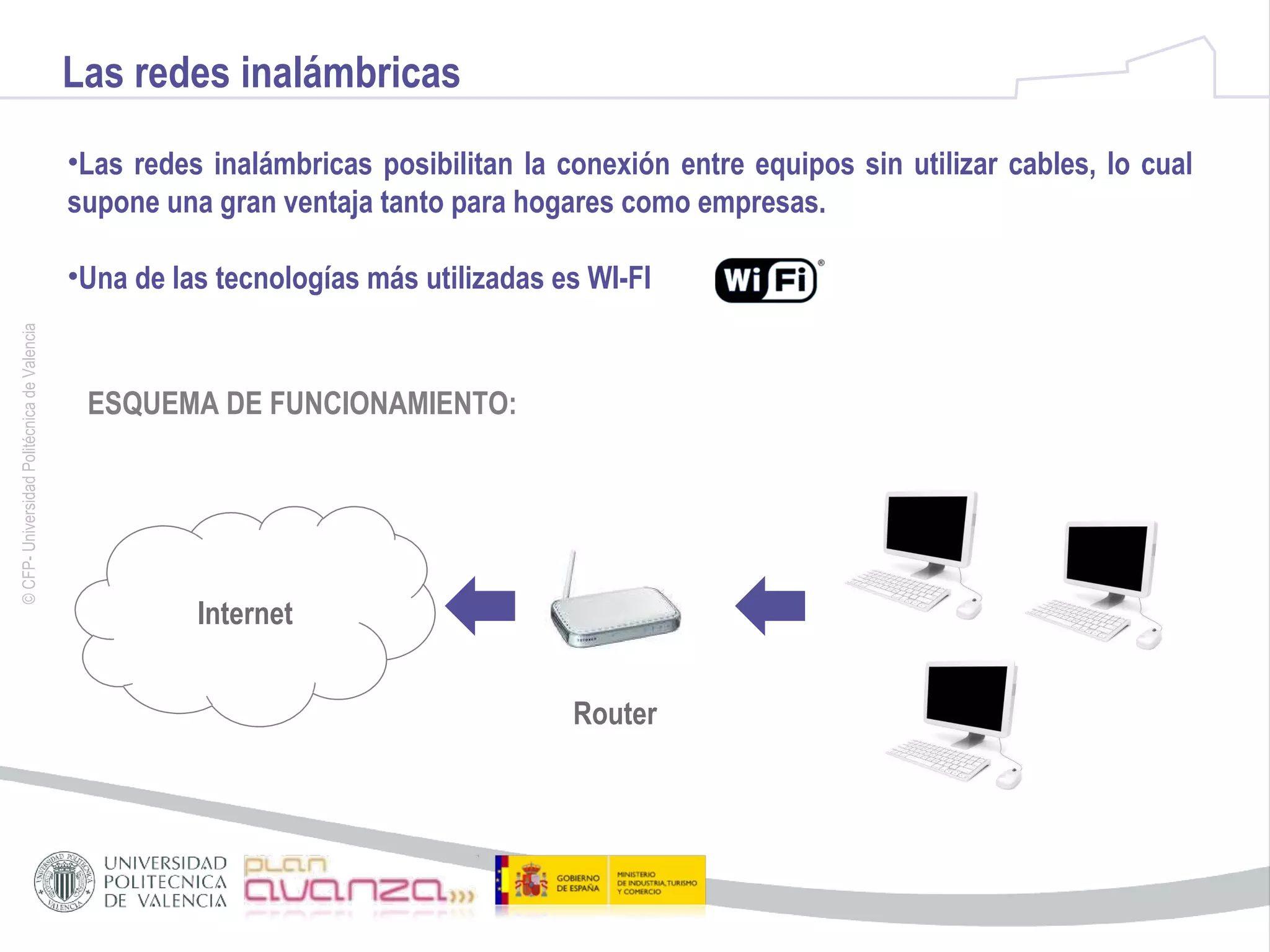Las redes inalámbricas Las redes inalámbricas posibilitan la conexión entre equipos sin utilizar cables, lo cual supone una gran ventaja tanto para hogares como empresas. Una de las tecnologías más utilizadas es WI-FI ESQUEMA DE FUNCIONAMIENTO: Internet Router 