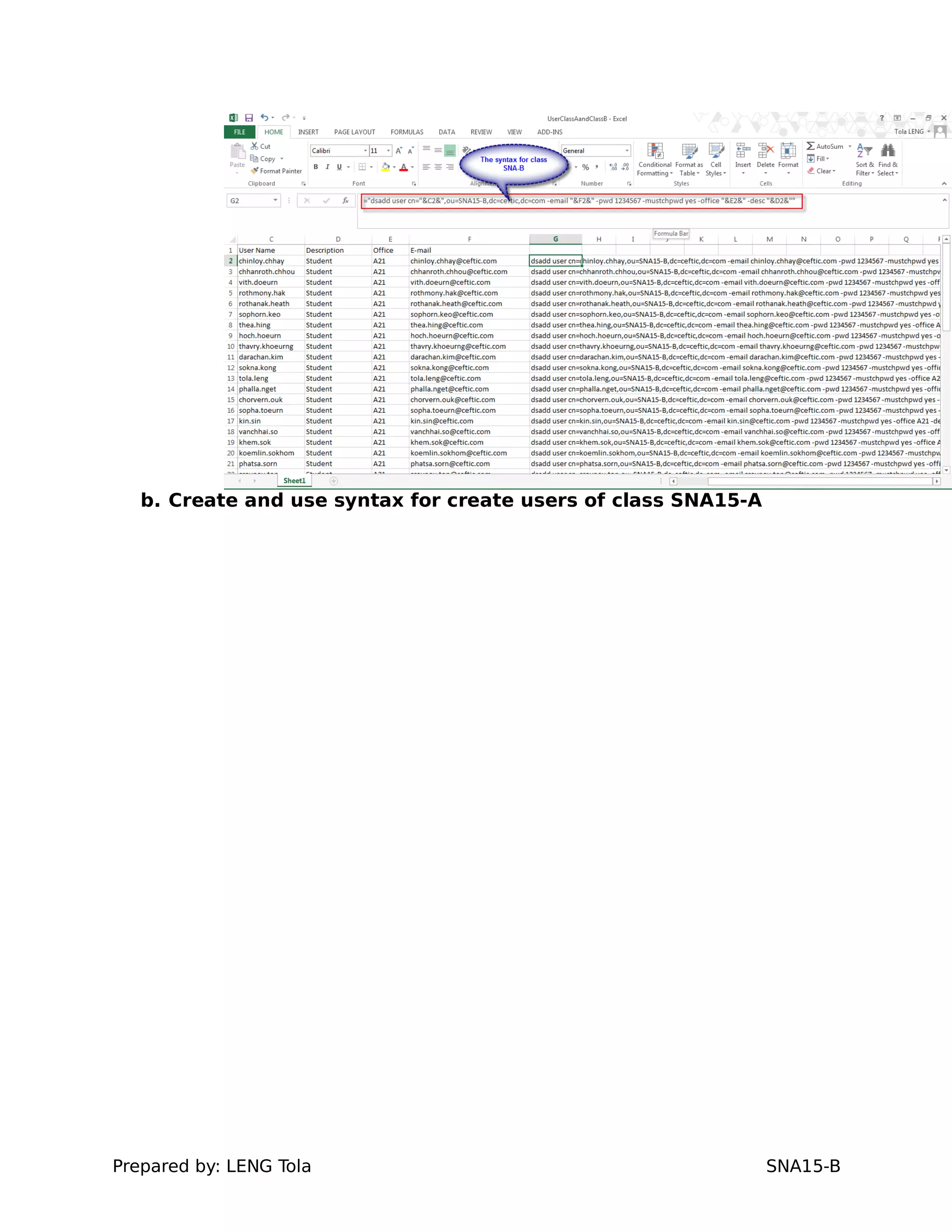 b. Create and use syntax for create users of class SNA15-A
Prepared by: LENG Tola SNA15-B
 