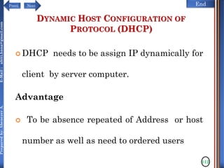 NextPrevi End
Preparedby:AbenezerA.E-Mail:abiti.hana@gmail.com
DYNAMIC HOST CONFIGURATION OF
PROTOCOL (DHCP)
 DHCP needs to be assign IP dynamically for
client by server computer.
Advantage
 To be absence repeated of Address or host
number as well as need to ordered users
112
 
