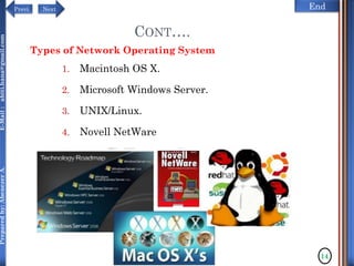 NextPrevi End
Preparedby:AbenezerA.E-Mail:abiti.hana@gmail.com
1. Macintosh OS X.
2. Microsoft Windows Server.
3. UNIX/Linux.
4. Novell NetWare
Types of Network Operating System
CONT….
14
 