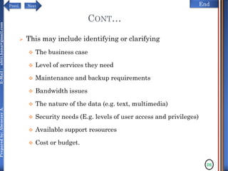 NextPrevi End
Preparedby:AbenezerA.E-Mail:abiti.hana@gmail.com
CONT…
 This may include identifying or clarifying
 The business case
 Level of services they need
 Maintenance and backup requirements
 Bandwidth issues
 The nature of the data (e.g. text, multimedia)
 Security needs (E.g. levels of user access and privileges)
 Available support resources
 Cost or budget.
26
 