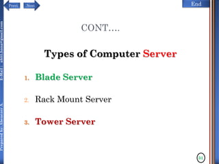 NextPrevi End
Preparedby:AbenezerA.E-Mail:abiti.hana@gmail.com
CONT….
Types of Computer Server
1. Blade Server
2. Rack Mount Server
3. Tower Server
31
 