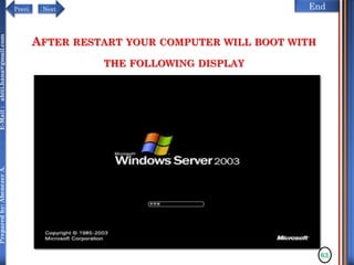 NextPrevi End
Preparedby:AbenezerA.E-Mail:abiti.hana@gmail.com
63
AFTER RESTART YOUR COMPUTER WILL BOOT WITH
THE FOLLOWING DISPLAY
 