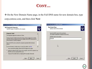 93
 On the New Domain Name page, in the Full DNS name for new domain box, type
corp.contoso.com, and then click Next
CONT…
 