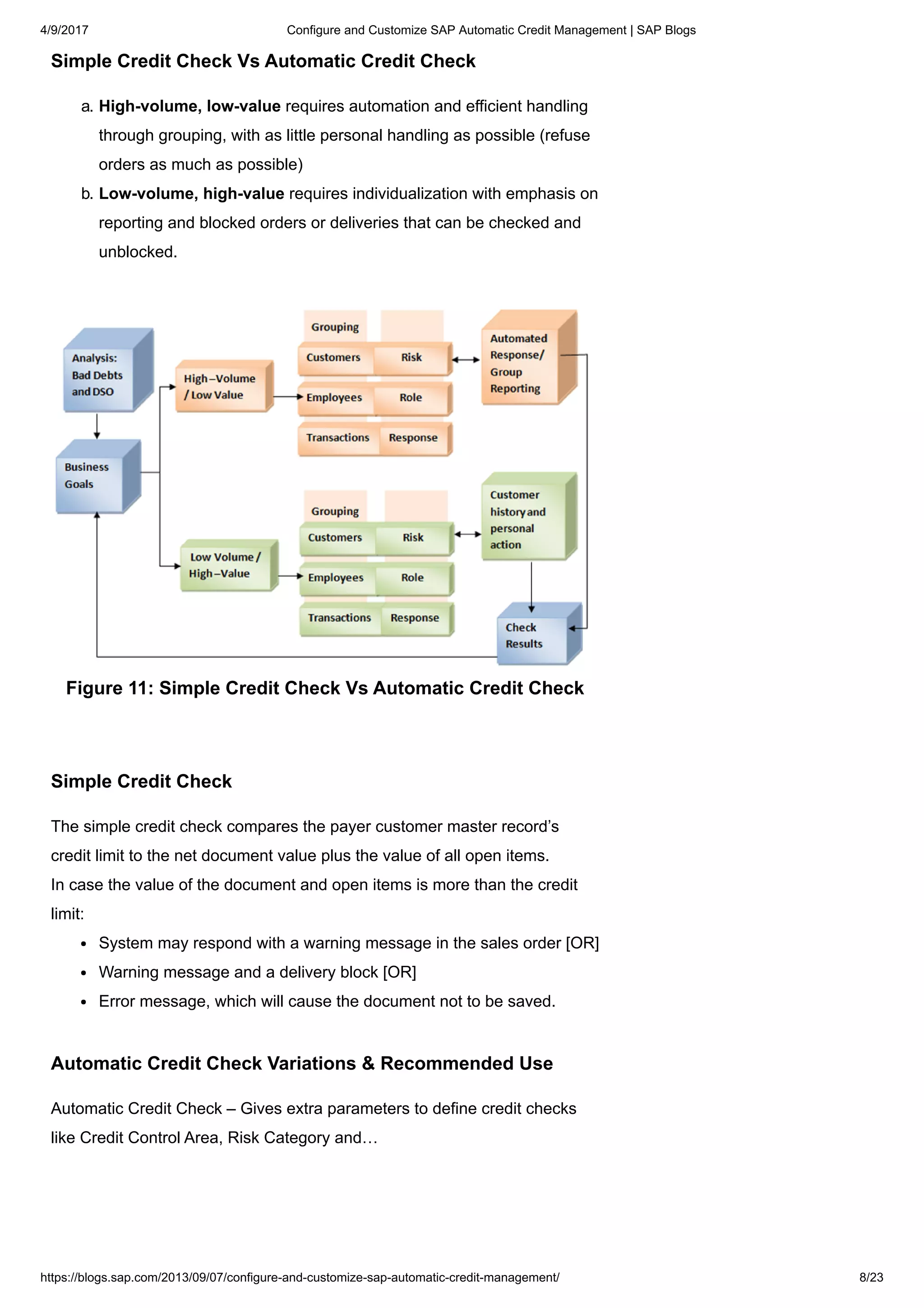 4/9/2017 Configure and Customize SAP Automatic Credit Management | SAP Blogs
https://blogs.sap.com/2013/09/07/configure-and-customize-sap-automatic-credit-management/ 8/23
Simple Credit Check Vs Automatic Credit Check
a. High-volume, low-value requires automation and efficient handling
through grouping, with as little personal handling as possible (refuse
orders as much as possible)
b. Low-volume, high-value requires individualization with emphasis on
reporting and blocked orders or deliveries that can be checked and
unblocked.
Figure 11: Simple Credit Check Vs Automatic Credit Check
Simple Credit Check
The simple credit check compares the payer customer master record’s
credit limit to the net document value plus the value of all open items.
In case the value of the document and open items is more than the credit
limit:
System may respond with a warning message in the sales order [OR]
Warning message and a delivery block [OR]
Error message, which will cause the document not to be saved.
Automatic Credit Check Variations & Recommended Use
Automatic Credit Check – Gives extra parameters to define credit checks
like Credit Control Area, Risk Category and…
 