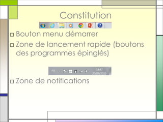 Constitution
□ Bouton menu démarrer
□ Zone de lancement rapide (boutons
des programmes épinglés)
□ Zone de notifications
 