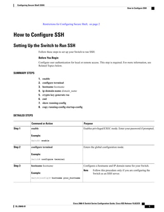 Restrictions for Configuring Secure Shell, on page 2
How to Configure SSH
Setting Up the Switch to Run SSH
Follow these steps to set up your Switch to run SSH:
Before You Begin
Configure user authentication for local or remote access. This step is required. For more information, see
Related Topics below.
SUMMARY STEPS
1. enable
2. configure terminal
3. hostname hostname
4. ip domain-name domain_name
5. crypto key generate rsa
6. end
7. show running-config
8. copy running-config startup-config
DETAILED STEPS
PurposeCommand or Action
Enables privileged EXEC mode. Enter your password if prompted.enableStep 1
Example:
Switch> enable
Enters the global configuration mode.configure terminal
Example:
Switch# configure terminal
Step 2
Configures a hostname and IP domain name for your Switch.hostname hostnameStep 3
Example:
Switch(config)# hostname your_hostname
Follow this procedure only if you are configuring the
Switch as an SSH server.
Note
Cisco 2960-X Switch Series Configuration Guide, Cisco IOS Release 15.0(2)EX
OL-29640-01 5
Configuring Secure Shell (SSH)
How to Configure SSH
 