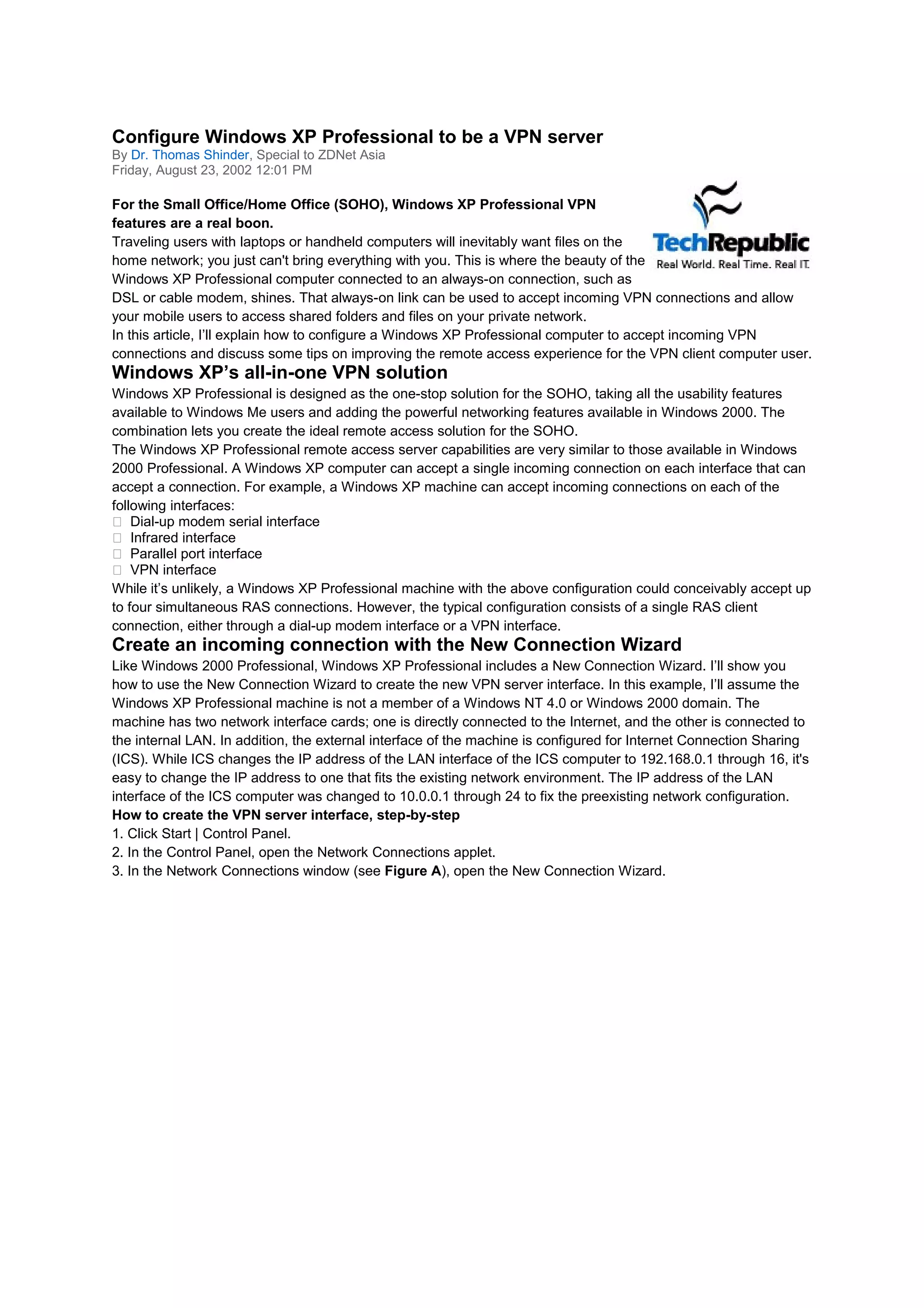 Configure windows xp professional to be a vpn server | PDF