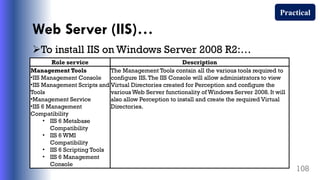 Web Server (IIS)…
To install IIS on Windows Server 2008 R2:…
108
Practical
Role service Description
Management Tools
•IIS Management Console
•IIS Management Scripts and
Tools
•Management Service
•IIS 6 Management
Compatibility
• IIS 6 Metabase
Compatibility
• IIS 6 WMI
Compatibility
• IIS 6 Scripting Tools
• IIS 6 Management
Console
The Management Tools contain all the various tools required to
configure IIS.The IIS Console will allow administrators to view
Virtual Directories created for Perception and configure the
various Web Server functionality of Windows Server 2008.It will
also allow Perception to install and create the required Virtual
Directories.
 