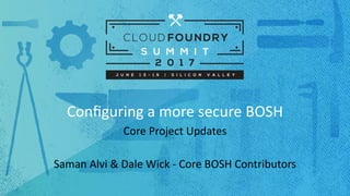 Title / Subtitle Here
Conﬁguring	
  a	
  more	
  secure	
  BOSH
Core	
  Project	
  Updates
Saman	
  Alvi	
  &	
  Dale	
  Wick	
  -­‐	
  Core	
  BOSH	
  Contributors
 