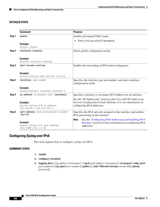 Implementing IPv6 Addressing and Basic Connectivity
How to Implement IPv6 Addressing and Basic Connectivity
54
Cisco IOS IPv6 Configuration Guide
78-17482-01
DETAILED STEPS
Configuring Syslog over IPv6
This task explains how to configure syslog over IPv6.
SUMMARY STEPS
1. enable
2. configure terminal
3. logging host {{ip-address | hostname} | {ipv6 ipv6-address | hostname}} [transport {udp [port
port-number] | tcp [port port-number] [audit]}] [xml | filtered [stream stream-id]] [alarm
[severity]]
Command Purpose
Step 1 enable
Example:
Router> enable
Enables privileged EXEC mode.
• Enter your password if prompted.
Step 2 configure terminal
Example:
Router# configure terminal
Enters global configuration mode.
Step 3 ipv6 unicast-routing
Example:
Router(config)# ipv6 unicast routing
Enables the forwarding of IPv6 unicast datagrams.
Step 4 interface type number
Example:
Router(config)# interface ethernet 0
Specifies the interface type and number, and enters interface
configuration mode.
Step 5 ip address ip-address mask [secondary]
Example:
Router(config-if)# ip address
192.168.99.1 255.255.255.0
Specifies a primary or secondary IPv4 address for an interface.
See the “IP Addressing” section in the Cisco IOS IP Addressing
Services Configuration Guide, Release 12.4, for information on
configuring IPv4 addresses.
Step 6 ipv6 address ipv6-prefix/prefix-length
[eui-64]
Example:
Router(config-if)# ipv6 address
2001:0DB8:c18:1::3/64
Specifies the IPv6 network assigned to the interface and enables
IPv6 processing on the interface.
Note See the “Configuring IPv6 Addressing and Enabling IPv6
Routing” section for more information on configuring IPv6
addresses.
 