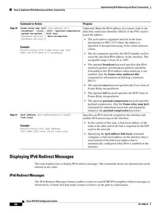 Implementing IPv6 Addressing and Basic Connectivity
How to Implement IPv6 Addressing and Basic Connectivity
66
Cisco IOS IPv6 Configuration Guide
78-17482-01
Displaying IPv6 Redirect Messages
This task explains how to display IPv6 redirect messages. The commands shown are optional and can be
entered in any order.
IPv6 Redirect Messages
The IPv6 Redirect Messages feature enables a router to send ICMP IPv6 neighbor redirect messages to
inform hosts of better first hop nodes (routers or hosts) on the path to a destination.
Step 10 frame-relay map ipv6 ipv6-address dlci
[broadcast] [cisco] [ietf] [payload-compression
{packet-by-packet | frf9 stac
[hardware-options] | data-stream stac
[hardware-options]}]
Example:
Router(config-if)# frame-relay map ipv6
FE80::E0:F727:E400:A 17 broadcast
(Optional) Maps the IPv6 address of a remote node to the
data-link connection identifier (DLCI) of the PVC used to
reach the address.
• The ipv6-address argument must be in the form
documented in RFC 2373 where the address is
specified in hexadecimal using 16-bit values between
colons.
• The dlci argument specifies the DLCI number used to
reach the specified IPv6 address on the interface. The
acceptable range is from 16 to 1007.
• The optional broadcast keyword specifies that IPv6
multicast packets (not broadcast packets) should be
forwarded to this IPv6 address when multicast is not
enabled. (See the frame-relay multicast-dlci
command for information on defining a multicast
DLCI.)
• The optional cisco keyword specifies the Cisco form of
Frame Relay encapsulation.
• The optional ietf keyword specifies the IETF form of
Frame Relay encapsulation.
• The optional payload-compression keyword specifies
payload compression. (See the frame-relay map ipv6
command for subordinate keywords and arguments
related to the payload-compression keyword.)
Step 11 ipv6 address ipv6-address/prefix-length
link-local
Example:
Router(config-if)# ipv6 address
2001:0DB8:2222:1044::46/64 link-local
Specifies an IPv6 network assigned to the interface and
enables IPv6 processing on the interface.
• In the context of this task, a link-local address of the
node at the other end of the link is required for the IGP
used in the network.
• Specifying the ipv6 address link-local command
configures a link-local address on the interface that is
used instead of the link-local address that is
automatically configured when IPv6 is enabled on the
interface.
Command or Action Purpose
 