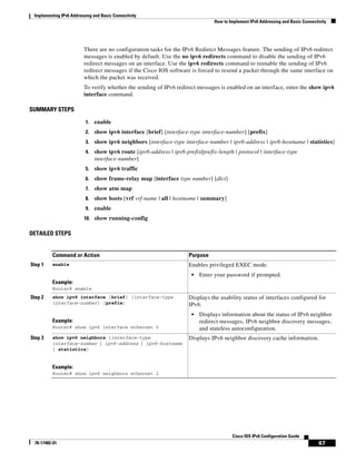 Implementing IPv6 Addressing and Basic Connectivity
How to Implement IPv6 Addressing and Basic Connectivity
67
Cisco IOS IPv6 Configuration Guide
78-17482-01
There are no configuration tasks for the IPv6 Redirect Messages feature. The sending of IPv6 redirect
messages is enabled by default. Use the no ipv6 redirects command to disable the sending of IPv6
redirect messages on an interface. Use the ipv6 redirects command to reenable the sending of IPv6
redirect messages if the Cisco IOS software is forced to resend a packet through the same interface on
which the packet was received.
To verify whether the sending of IPv6 redirect messages is enabled on an interface, enter the show ipv6
interface command.
SUMMARY STEPS
1. enable
2. show ipv6 interface [brief] [interface-type interface-number] [prefix]
3. show ipv6 neighbors [interface-type interface-number | ipv6-address | ipv6-hostname | statistics]
4. show ipv6 route [ipv6-address | ipv6-prefix/prefix-length | protocol | interface-type
interface-number]
5. show ipv6 traffic
6. show frame-relay map [interface type number] [dlci]
7. show atm map
8. show hosts [vrf vrf-name | all | hostname | summary]
9. enable
10. show running-config
DETAILED STEPS
Command or Action Purpose
Step 1 enable
Example:
Router# enable
Enables privileged EXEC mode.
• Enter your password if prompted.
Step 2 show ipv6 interface [brief] [interface-type
interface-number] [prefix]
Example:
Router# show ipv6 interface ethernet 0
Displays the usability status of interfaces configured for
IPv6.
• Displays information about the status of IPv6 neighbor
redirect messages, IPv6 neighbor discovery messages,
and stateless autoconfiguration.
Step 3 show ipv6 neighbors [interface-type
interface-number | ipv6-address | ipv6-hostname
| statistics]
Example:
Router# show ipv6 neighbors ethernet 2
Displays IPv6 neighbor discovery cache information.
 