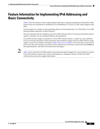 Implementing IPv6 Addressing and Basic Connectivity
Feature Information for Implementing IPv6 Addressing and Basic Connectivity
81
Cisco IOS IPv6 Configuration Guide
78-17482-01
Feature Information for Implementing IPv6 Addressing and
Basic Connectivity
Table 10 lists the features in this module and provides links to specific configuration information. Only
features that were introduced or modified in Cisco IOS Release 12.2(2)T or a later release appear in the
table.
For information on a feature in this technology that is not documented here, see “Start Here: Cisco IOS
Software Release Specifies for IPv6 Features.”
Not all commands may be available in your Cisco IOS software release. For release information about a
specific command, see the command reference documentation.
Cisco IOS software images are specific to a Cisco IOS software release, a feature set, and a platform.
Use Cisco Feature Navigator to find information about platform support and Cisco IOS software image
support. Access Cisco Feature Navigator at http://www.cisco.com/go/fn. You must have an account on
Cisco.com. If you do not have an account or have forgotten your username or password, click Cancel at
the login dialog box and follow the instructions that appear.
Note Table 10 lists only the Cisco IOS software release that introduced support for a given feature in a given
Cisco IOS software release train. Unless noted otherwise, subsequent releases of that Cisco IOS
software release train also support that feature.
 