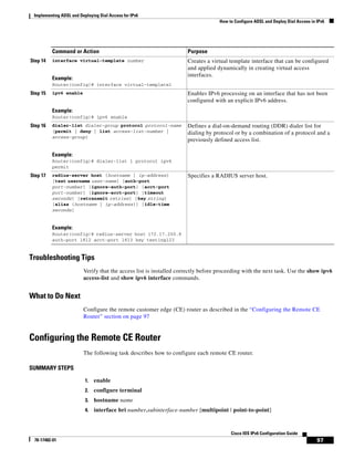 Implementing ADSL and Deploying Dial Access for IPv6
How to Configure ADSL and Deploy Dial Access in IPv6
97
Cisco IOS IPv6 Configuration Guide
78-17482-01
Troubleshooting Tips
Verify that the access list is installed correctly before proceeding with the next task. Use the show ipv6
access-list and show ipv6 interface commands.
What to Do Next
Configure the remote customer edge (CE) router as described in the “Configuring the Remote CE
Router” section on page 97
Configuring the Remote CE Router
The following task describes how to configure each remote CE router.
SUMMARY STEPS
1. enable
2. configure terminal
3. hostname name
4. interface bri number.subinterface-number [multipoint | point-to-point]
Step 14 interface virtual-template number
Example:
Router(config)# interface virtual-template1
Creates a virtual template interface that can be configured
and applied dynamically in creating virtual access
interfaces.
Step 15 ipv6 enable
Example:
Router(config)# ipv6 enable
Enables IPv6 processing on an interface that has not been
configured with an explicit IPv6 address.
Step 16 dialer-list dialer-group protocol protocol-name
{permit | deny | list access-list-number |
access-group}
Example:
Router(config)# dialer-list 1 protocol ipv6
permit
Defines a dial-on-demand routing (DDR) dialer list for
dialing by protocol or by a combination of a protocol and a
previously defined access list.
Step 17 radius-server host {hostname | ip-address}
[test username user-name] [auth-port
port-number] [ignore-auth-port] [acct-port
port-number] [ignore-acct-port] [timeout
seconds] [retransmit retries] [key string]
[alias {hostname | ip-address}] [idle-time
seconds]
Example:
Router(config)# radius-server host 172.17.250.8
auth-port 1812 acct-port 1813 key testing123
Specifies a RADIUS server host.
Command or Action Purpose
 