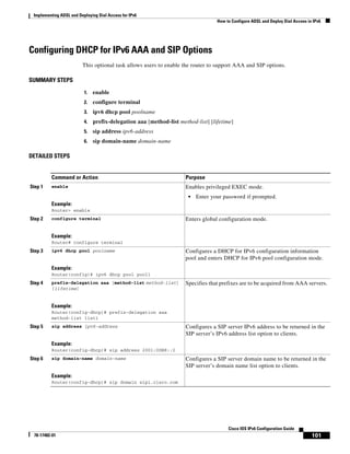 Implementing ADSL and Deploying Dial Access for IPv6
How to Configure ADSL and Deploy Dial Access in IPv6
101
Cisco IOS IPv6 Configuration Guide
78-17482-01
Configuring DHCP for IPv6 AAA and SIP Options
This optional task allows users to enable the router to support AAA and SIP options.
SUMMARY STEPS
1. enable
2. configure terminal
3. ipv6 dhcp pool poolname
4. prefix-delegation aaa [method-list method-list] [lifetime]
5. sip address ipv6-address
6. sip domain-name domain-name
DETAILED STEPS
Command or Action Purpose
Step 1 enable
Example:
Router> enable
Enables privileged EXEC mode.
• Enter your password if prompted.
Step 2 configure terminal
Example:
Router# configure terminal
Enters global configuration mode.
Step 3 ipv6 dhcp pool poolname
Example:
Router(config)# ipv6 dhcp pool pool1
Configures a DHCP for IPv6 configuration information
pool and enters DHCP for IPv6 pool configuration mode.
Step 4 prefix-delegation aaa [method-list method-list]
[lifetime]
Example:
Router(config-dhcp)# prefix-delegation aaa
method-list list1
Specifies that prefixes are to be acquired from AAA servers.
Step 5 sip address ipv6-address
Example:
Router(config-dhcp)# sip address 2001:0DB8::2
Configures a SIP server IPv6 address to be returned in the
SIP server’s IPv6 address list option to clients.
Step 6 sip domain-name domain-name
Example:
Router(config-dhcp)# sip domain sip1.cisco.com
Configures a SIP server domain name to be returned in the
SIP server’s domain name list option to clients.
 