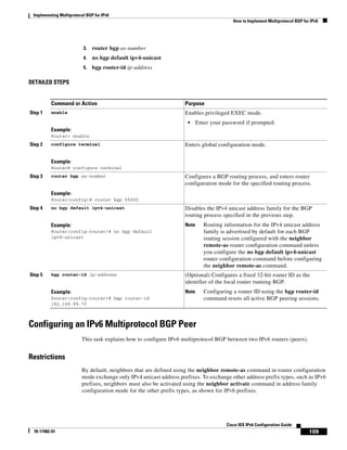 Implementing Multiprotocol BGP for IPv6
How to Implement Multiprotocol BGP for IPv6
109
Cisco IOS IPv6 Configuration Guide
78-17482-01
3. router bgp as-number
4. no bgp default ipv4-unicast
5. bgp router-id ip-address
DETAILED STEPS
Configuring an IPv6 Multiprotocol BGP Peer
This task explains how to configure IPv6 multiprotocol BGP between two IPv6 routers (peers).
Restrictions
By default, neighbors that are defined using the neighbor remote-as command in router configuration
mode exchange only IPv4 unicast address prefixes. To exchange other address prefix types, such as IPv6
prefixes, neighbors must also be activated using the neighbor activate command in address family
configuration mode for the other prefix types, as shown for IPv6 prefixes.
Command or Action Purpose
Step 1 enable
Example:
Router> enable
Enables privileged EXEC mode.
• Enter your password if prompted.
Step 2 configure terminal
Example:
Router# configure terminal
Enters global configuration mode.
Step 3 router bgp as-number
Example:
Router(config)# router bgp 65000
Configures a BGP routing process, and enters router
configuration mode for the specified routing process.
Step 4 no bgp default ipv4-unicast
Example:
Router(config-router)# no bgp default
ipv4-unicast
Disables the IPv4 unicast address family for the BGP
routing process specified in the previous step.
Note Routing information for the IPv4 unicast address
family is advertised by default for each BGP
routing session configured with the neighbor
remote-as router configuration command unless
you configure the no bgp default ipv4-unicast
router configuration command before configuring
the neighbor remote-as command.
Step 5 bgp router-id ip-address
Example:
Router(config-router)# bgp router-id
192.168.99.70
(Optional) Configures a fixed 32-bit router ID as the
identifier of the local router running BGP.
Note Configuring a router ID using the bgp router-id
command resets all active BGP peering sessions.
 