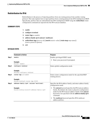 Implementing Multiprotocol BGP for IPv6
How to Implement Multiprotocol BGP for IPv6
121
Cisco IOS IPv6 Configuration Guide
78-17482-01
Redistribution for IPv6
Redistribution is the process of injecting prefixes from one routing protocol into another routing
protocol. This task explains how to inject prefixes from a routing protocol into IPv6 multiprotocol BGP.
Specifically, prefixes that are redistributed into IPv6 multiprotocol BGP using the redistribute router
configuration command are injected into the IPv6 unicast database.
SUMMARY STEPS
1. enable
2. configure terminal
3. router bgp as-number
4. address-family ipv6 [unicast | multicast]
5. redistribute bgp [process-id] [[metric metric-value] [route-map map-name]]
[source-protocol-options]
6. exit
DETAILED STEPS
Command or Action Purpose
Step 1 enable
Example:
Router> enable
Enables privileged EXEC mode.
• Enter your password if prompted.
Step 2 configure terminal
Example:
Router# configure terminal
Enters global configuration mode.
Step 3 router bgp as-number
Example:
Router(config)# router bgp 65000
Enters router configuration mode for the specified BGP
routing process.
Step 4 address-family ipv6 [unicast | multicast]
Example:
Router(config-router)# address-family ipv6
Specifies the IPv6 address family, and enters address family
configuration mode.
• The unicast keyword specifies the IPv6 unicast address
family. By default, the router is placed in configuration
mode for the IPv6 unicast address family if the unicast
keyword is not specified with the address-family ipv6
command.
• The multicast keyword specifies IPv6 multicast
address prefixes.
 
