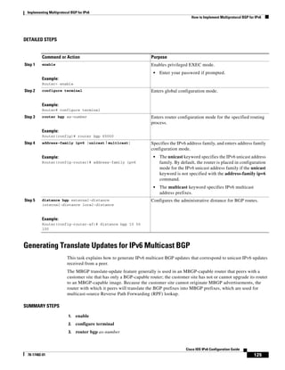 Implementing Multiprotocol BGP for IPv6
How to Implement Multiprotocol BGP for IPv6
125
Cisco IOS IPv6 Configuration Guide
78-17482-01
DETAILED STEPS
Generating Translate Updates for IPv6 Multicast BGP
This task explains how to generate IPv6 multicast BGP updates that correspond to unicast IPv6 updates
received from a peer.
The MBGP translate-update feature generally is used in an MBGP-capable router that peers with a
customer site that has only a BGP-capable router; the customer site has not or cannot upgrade its router
to an MBGP-capable image. Because the customer site cannot originate MBGP advertisements, the
router with which it peers will translate the BGP prefixes into MBGP prefixes, which are used for
multicast-source Reverse Path Forwarding (RPF) lookup.
SUMMARY STEPS
1. enable
2. configure terminal
3. router bgp as-number
Command or Action Purpose
Step 1 enable
Example:
Router> enable
Enables privileged EXEC mode.
• Enter your password if prompted.
Step 2 configure terminal
Example:
Router# configure terminal
Enters global configuration mode.
Step 3 router bgp as-number
Example:
Router(config)# router bgp 65000
Enters router configuration mode for the specified routing
process.
Step 4 address-family ipv6 [unicast | multicast]
Example:
Router(config-router)# address-family ipv6
Specifies the IPv6 address family, and enters address family
configuration mode.
• The unicast keyword specifies the IPv6 unicast address
family. By default, the router is placed in configuration
mode for the IPv6 unicast address family if the unicast
keyword is not specified with the address-family ipv6
command.
• The multicast keyword specifies IPv6 multicast
address prefixes.
Step 5 distance bgp external-distance
internal-distance local-distance
Example:
Router(config-router-af)# distance bgp 10 50
100
Configures the administrative distance for BGP routes.
 