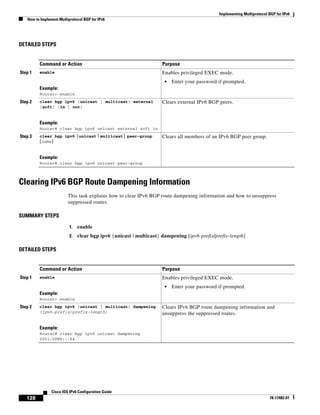 Implementing Multiprotocol BGP for IPv6
How to Implement Multiprotocol BGP for IPv6
128
Cisco IOS IPv6 Configuration Guide
78-17482-01
DETAILED STEPS
Clearing IPv6 BGP Route Dampening Information
This task explains how to clear IPv6 BGP route dampening information and how to unsuppress
suppressed routes.
SUMMARY STEPS
1. enable
2. clear bgp ipv6 {unicast | multicast} dampening [ipv6-prefix/prefix-length]
DETAILED STEPS
Command or Action Purpose
Step 1 enable
Example:
Router> enable
Enables privileged EXEC mode.
• Enter your password if prompted.
Step 2 clear bgp ipv6 {unicast | multicast} external
[soft] [in | out]
Example:
Router# clear bgp ipv6 unicast external soft in
Clears external IPv6 BGP peers.
Step 3 clear bgp ipv6 {unicast | multicast} peer-group
[name]
Example:
Router# clear bgp ipv6 unicast peer-group
Clears all members of an IPv6 BGP peer group.
Command or Action Purpose
Step 1 enable
Example:
Router> enable
Enables privileged EXEC mode.
• Enter your password if prompted.
Step 2 clear bgp ipv6 {unicast | multicast} dampening
[ipv6-prefix/prefix-length]
Example:
Router# clear bgp ipv6 unicast dampening
2001:0DB8::/64
Clears IPv6 BGP route dampening information and
unsuppress the suppressed routes.
 