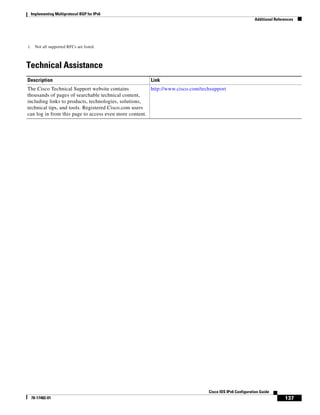 Implementing Multiprotocol BGP for IPv6
Additional References
137
Cisco IOS IPv6 Configuration Guide
78-17482-01
Technical Assistance
1. Not all supported RFCs are listed.
Description Link
The Cisco Technical Support website contains
thousands of pages of searchable technical content,
including links to products, technologies, solutions,
technical tips, and tools. Registered Cisco.com users
can log in from this page to access even more content.
http://www.cisco.com/techsupport
 