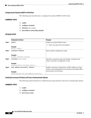 Implementing DHCP for IPv6
How to Implement DHCP for IPv6
150
Cisco IOS IPv6 Configuration Guide
78-17482-01
Configuring the Stateless DHCP for IPv6 Client
The following task describes how to configure the stateless DHCP for IPv6 client.
SUMMARY STEPS
1. enable
2. configure terminal
3. interface type number
4. ipv6 address autoconfig [default]
DETAILED STEPS
Enabling Processing of Packets with Source Routing Header Options
The following task describes how to enable the processing of packets with source routing header options.
SUMMARY STEPS
1. enable
2. configure terminal
3. ipv6 source-route
Command or Action Purpose
Step 1 enable
Example:
Router> enable
Enables privileged EXEC mode.
• Enter your password if prompted.
Step 2 configure terminal
Example:
Router# configure terminal
Enters global configuration mode.
Step 3 interface type number
Example:
Router(config)# interface serial 3
Specifies an interface type and number, and places the
router in interface configuration mode.
Step 4 ipv6 address autoconfig [default]
Example:
Router(config-if)# ipv6 address autoconfig
Enables automatic configuration of IPv6 addresses using
stateless autoconfiguration on an interface and enables IPv6
processing on the interface.
 