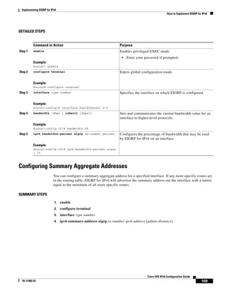 Implementing EIGRP for IPv6
How to Implement EIGRP for IPv6
169
Cisco IOS IPv6 Configuration Guide
78-17482-01
DETAILED STEPS
Configuring Summary Aggregate Addresses
You can configure a summary aggregate address for a specified interface. If any more specific routes are
in the routing table, EIGRP for IPv6 will advertise the summary address out the interface with a metric
equal to the minimum of all more specific routes.
SUMMARY STEPS
1. enable
2. configure terminal
3. interface type number
4. ipv6 summary-address eigrp as-number ipv6-address [admin-distance]
Command or Action Purpose
Step 1 enable
Example:
Router> enable
Enables privileged EXEC mode.
• Enter your password if prompted.
Step 2 configure terminal
Example:
Router# configure terminal
Enters global configuration mode.
Step 3 interface type number
Example:
Router(config)# interface FastEthernet 0/0
Specifies the interface on which EIGRP is configured.
Step 4 bandwidth {kbps | inherit [kbps]}
Example:
Router(config-if)# bandwidth 56
Sets and communicates the current bandwidth value for an
interface to higher-level protocols.
Step 5 ipv6 bandwidth-percent eigrp as-number percent
Example:
Router(config-if)# ipv6 bandwidth-percent eigrp
1 75
Configures the percentage of bandwidth that may be used
by EIGRP for IPv6 on an interface
 