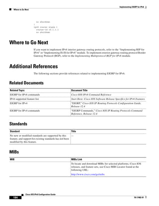 Implementing EIGRP for IPv6
Where to Go Next
184
Cisco IOS IPv6 Configuration Guide
78-17482-01
no shutdown
!
ipv6 router eigrp 1
router-id 10.1.1.1
no shutdown
Where to Go Next
If you want to implement IPv6 interior gateway routing protocols, refer to the “Implementing RIP for
IPv6” or “Implementing IS-IS for IPv6” module. To implement exterior gateway routing protocol Border
Gateway Protocol (BGP), refer to the Implementing Multiprotocol BGP for IPv6 module.
Additional References
The following sections provide references related to implementing EIGRP for IPv6.
Related Documents
Standards
MIBs
Related Topic Document Title
EIGRP for IPv6 commands Cisco IOS IPv6 Command Reference
IPv6 supported feature list Start Here: Cisco IOS Software Release Specifics for IPv6 Features
EIGRP for IPv4 “EIGRP,” Cisco IOS IP Routing Protocols Configuration Guide,
Release 12.4
EIGRP for IPv4 commands “EIGRP Commands,” Cisco IOS IP Routing Protocols Command
Reference, Release 12.4
Standard Title
No new or modified standards are supported by this
feature, and support for existing standards has not been
modified by this feature.
—
MIB MIBs Link
To locate and download MIBs for selected platforms, Cisco IOS
releases, and feature sets, use Cisco MIB Locator found at the
following URL:
http://www.cisco.com/go/mibs
 