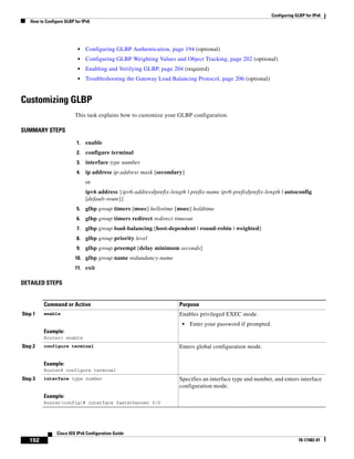 Configuring GLBP for IPv6
How to Configure GLBP for IPv6
192
Cisco IOS IPv6 Configuration Guide
78-17482-01
• Configuring GLBP Authentication, page 194 (optional)
• Configuring GLBP Weighting Values and Object Tracking, page 202 (optional)
• Enabling and Verifying GLBP, page 204 (required)
• Troubleshooting the Gateway Load Balancing Protocol, page 206 (optional)
Customizing GLBP
This task explains how to customize your GLBP configuration.
SUMMARY STEPS
1. enable
2. configure terminal
3. interface type number
4. ip address ip-address mask [secondary]
or
ipv6 address {ipv6-address/prefix-length | prefix-name ipv6-prefix/prefix-length | autoconfig
[default-route]}
5. glbp group timers [msec] hellotime [msec] holdtime
6. glbp group timers redirect redirect timeout
7. glbp group load-balancing [host-dependent | round-robin | weighted]
8. glbp group priority level
9. glbp group preempt [delay minimum seconds]
10. glbp group name redundancy-name
11. exit
DETAILED STEPS
Command or Action Purpose
Step 1 enable
Example:
Router> enable
Enables privileged EXEC mode.
• Enter your password if prompted.
Step 2 configure terminal
Example:
Router# configure terminal
Enters global configuration mode.
Step 3 interface type number
Example:
Router(config)# interface fastethernet 0/0
Specifies an interface type and number, and enters interface
configuration mode.
 