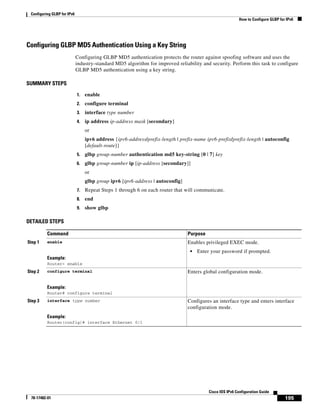 Configuring GLBP for IPv6
How to Configure GLBP for IPv6
195
Cisco IOS IPv6 Configuration Guide
78-17482-01
Configuring GLBP MD5 Authentication Using a Key String
Configuring GLBP MD5 authentication protects the router against spoofing software and uses the
industry-standard MD5 algorithm for improved reliability and security. Perform this task to configure
GLBP MD5 authentication using a key string.
SUMMARY STEPS
1. enable
2. configure terminal
3. interface type number
4. ip address ip-address mask [secondary]
or
ipv6 address {ipv6-address/prefix-length | prefix-name ipv6-prefix/prefix-length | autoconfig
[default-route]}
5. glbp group-number authentication md5 key-string [0 | 7] key
6. glbp group-number ip [ip-address [secondary]]
or
glbp group ipv6 [ipv6-address | autoconfig]
7. Repeat Steps 1 through 6 on each router that will communicate.
8. end
9. show glbp
DETAILED STEPS
Command Purpose
Step 1 enable
Example:
Router> enable
Enables privileged EXEC mode.
• Enter your password if prompted.
Step 2 configure terminal
Example:
Router# configure terminal
Enters global configuration mode.
Step 3 interface type number
Example:
Router(config)# interface Ethernet 0/1
Configures an interface type and enters interface
configuration mode.
 