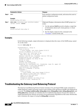 Configuring GLBP for IPv6
How to Configure GLBP for IPv6
206
Cisco IOS IPv6 Configuration Guide
78-17482-01
Examples
In the following example, output information is displayed about the status of the GLBP group, named
10, on the router:
Router# show glbp 10
FastEthernet0/0 - Group 10
State is Active
2 state changes, last state change 23:50:33
Virtual IP address is 10.21.8.10
Hello time 5 sec, hold time 18 sec
Next hello sent in 4.300 secs
Redirect time 600 sec, forwarder time-out 7200 sec
Authentication text "stringabc"
Preemption enabled, min delay 60 sec
Active is local
Standby is unknown
Priority 254 (configured)
Weighting 105 (configured 110), thresholds: lower 95, upper 105
Track object 2 state Down decrement 5
Load balancing: host-dependent
There is 1 forwarder (1 active)
Forwarder 1
State is Active
1 state change, last state change 23:50:15
MAC address is 0007.b400.0101 (default)
Owner ID is 0005.0050.6c08
Redirection enabled
Preemption enabled, min delay 60 sec
Active is local, weighting 105
Troubleshooting the Gateway Load Balancing Protocol
The Gateway Load Balancing Protocol feature introduces five privileged EXEC mode commands to
enable diagnostic output concerning various events relating to the operation of GLBP to be displayed on
a console. The debug condition glbp, debug glbp errors, debug glbp events, debug glbp packets, and
debug glbp terse commands are intended only for troubleshooting purposes because the volume of
output generated by the software can result in severe performance degradation on the router. Perform this
task to minimize the impact of using the debug glbp commands.
Step 6 exit
Example:
Router(config-if)# exit
Exits interface configuration mode, and returns the router to
global configuration mode.
Step 7 show glbp [interface-type interface-number]
[group] [state] [brief]
Example:
Router(config)# show glbp 10
(Optional) Displays information about GLBP groups on a
router.
• Use the optional brief keyword to display a single line
of information about each virtual gateway or virtual
forwarder.
• See the display output for this command in the
“Examples” section of this task.
Command or Action Purpose
 