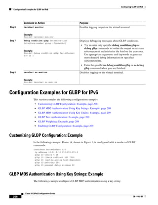 Configuring GLBP for IPv6
Configuration Examples for GLBP for IPv6
208
Cisco IOS IPv6 Configuration Guide
78-17482-01
Configuration Examples for GLBP for IPv6
This section contains the following configuration examples:
• Customizing GLBP Configuration: Example, page 208
• GLBP MD5 Authentication Using Key Strings: Example, page 208
• GLBP MD5 Authentication Using Key Chains: Example, page 209
• GLBP Text Authentication: Example, page 209
• GLBP Weighting: Example, page 209
• Enabling GLBP Configuration: Example, page 209
Customizing GLBP Configuration: Example
In the following example, Router A, shown in Figure 1, is configured with a number of GLBP
commands:
interface fastethernet 0/0
ip address 10.21.8.32 255.255.255.0
glbp 10 timers 5 18
glbp 10 timers redirect 600 7200
glbp 10 load-balancing host-dependent
glbp 10 priority 254
glbp 10 preempt delay minimum 60
GLBP MD5 Authentication Using Key Strings: Example
The following example configures GLBP MD5 authentication using a key string:
Step 6 terminal monitor
Example:
Router# terminal monitor
Enables logging output on the virtual terminal.
Step 7 debug condition glbp interface-type
interface-number group [forwarder]
Example:
Router# debug condition glbp fastethernet
0/0 10 1
Displays debugging messages about GLBP conditions.
• Try to enter only specific debug condition glbp or
debug glbp commands to isolate the output to a certain
subcomponent and minimize the load on the processor.
Use appropriate arguments and keywords to generate
more detailed debug information on specified
subcomponents.
• Enter the specific no debug condition glbp or no debug
glbp command when you are finished.
Step 8 terminal no monitor
Example:
Router# terminal no monitor
Disables logging on the virtual terminal.
Command or Action Purpose
 