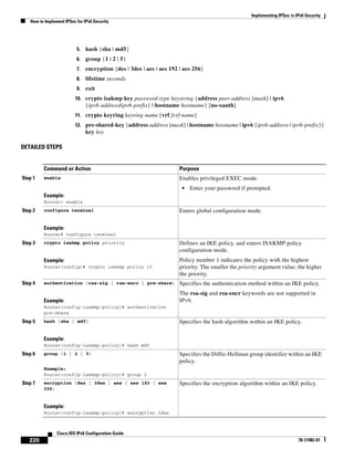 Implementing IPSec in IPv6 Security
How to Implement IPSec for IPv6 Security
220
Cisco IOS IPv6 Configuration Guide
78-17482-01
5. hash {sha | md5}
6. group {1 | 2 | 5}
7. encryption {des | 3des | aes | aes 192 | aes 256}
8. lifetime seconds
9. exit
10. crypto isakmp key password-type keystring {address peer-address [mask] | ipv6
{ipv6-address/ipv6-prefix} | hostname hostname} [no-xauth]
11. crypto keyring keyring-name [vrf fvrf-name]
12. pre-shared-key {address address [mask] | hostname hostname | ipv6 {ipv6-address | ipv6-prefix}}
key key
DETAILED STEPS
Command or Action Purpose
Step 1 enable
Example:
Router> enable
Enables privileged EXEC mode.
• Enter your password if prompted.
Step 2 configure terminal
Example:
Router# configure terminal
Enters global configuration mode.
Step 3 crypto isakmp policy priority
Example:
Router(config)# crypto isakmp policy 15
Defines an IKE policy, and enters ISAKMP policy
configuration mode.
Policy number 1 indicates the policy with the highest
priority. The smaller the priority argument value, the higher
the priority.
Step 4 authentication {rsa-sig | rsa-encr | pre-share}
Example:
Router(config-isakmp-policy)# authentication
pre-share
Specifies the authentication method within an IKE policy.
The rsa-sig and rsa-encr keywords are not supported in
IPv6.
Step 5 hash {sha | md5}
Example:
Router(config-isakmp-policy)# hash md5
Specifies the hash algorithm within an IKE policy.
Step 6 group {1 | 2 | 5}
Example:
Router(config-isakmp-policy)# group 2
Specifies the Diffie-Hellman group identifier within an IKE
policy.
Step 7 encryption {des | 3des | aes | aes 192 | aes
256}
Example:
Router(config-isakmp-policy)# encryption 3des
Specifies the encryption algorithm within an IKE policy.
 