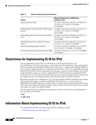 Implementing IS-IS for IPv6
Restrictions for Implementing IS-IS for IPv6
236
Cisco IOS IPv6 Configuration Guide
78-17482-01
Restrictions for Implementing IS-IS for IPv6
In Cisco IOS Release 12.0(21)ST, Cisco IOS Release 12.0(22)S or later releases, and
Cisco IOS Release 12.2(8)T or later releases, IS-IS support for IPv6 implements single-topology IPv6
IS-IS functionality based on IETF IS-IS WG draft-ietf-isis-ipv6.txt. A single shortest path first (SPF) per
level is used to compute OSI, IPv4 (if configured), and IPv6 routes. The use of a single SPF means that
both IPv4 IS-IS and IPv6 IS-IS routing protocols must share a common network topology. To use IS-IS
for IPv4 and IPv6 routing, any interface configured for IPv4 IS-IS must also be configured for IPv6
IS-IS, and vice versa. All routers within an IS-IS area (Level 1 routing) or domain (Level 2 routing) must
also support the same set of address families: IPv4 only, IPv6 only, or both IPv4 and IPv6.
Beginning with release Cisco IOS Release 12.2(15)T, IS-IS support for IPv6 is enhanced to also support
multitopology IPv6 support as defined in IETF IS-IS WG draft-ietf-isis-wg-multi-topology.txt.
Multitopology IPv6 IS-IS support uses multiple SPFs to compute routes and removes the restriction that
all interfaces must support all configured address families and that all routers in an IS-IS area or domain
must support the same set of address families.
The following IS-IS router configuration commands are specific to IPv4 and are not supported by, or
have any effect on, IPv6 IS-IS:
• mpls
• traffic-share
Information About Implementing IS-IS for IPv6
To configure IS-IS for IPv6, you need to understand the following concept:
• IS-IS Enhancements for IPv6, page 237
Table 17 Minimum Required Cisco IOS Release
Feature
Minimum Required Cisco IOS Release
by Release Train
Enhancements for IS-IS 12.2(8)T, 12.0(21)ST, 12.0(22)S, 12.2(14)S, 12.3,
12.3(2)T, 12.4, 12.4(2)T, 12.2(28)SB,
12.2(33)SRA
Redistributing routes into an IPv6 IS-IS routing
process
12.2(8)T, 12.0(21)ST, 12.0(22)S, 12.2(14)S, 12.3,
12.3(2)T, 12.4, 12.4(2)T, 12.2(28)SB,
12.2(33)SRA
Redistributing IPv6 IS-IS routes between IS-IS
levels
12.2(8)T, 12.0(21)ST, 12.0(22)S, 12.2(14)S, 12.3,
12.3(2)T, 12.4, 12.4(2)T, 12.2(28)SB,
12.2(33)SRA
Disabling IPv6 protocol-support consistency
checks
12.2(8)T, 12.0(21)ST, 12.0(22)S, 12.2(14)S, 12.3,
12.3(2)T, 12.4, 12.4(2)T, 12.2(28)SB
IS-IS multitopology support for IS-IS 12.2(15)T, 12.2(18)S, 12.0(26)S, 12.3, 12.3(2)T,
12.4, 12.4(2)T, 12.2(28)SB, 12.2(33)SRA
IPv6 IS-IS local routing information base (RIB) 12.3(4)T, 12.2(25)S, 12.4, 12.4(2)T, 12.2(28)SB,
12.2(33)SRA
 