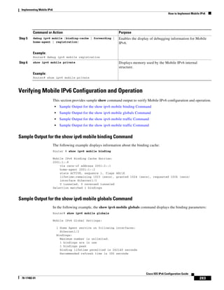 Implementing Mobile IPv6
How to Implement Mobile IPv6
283
Cisco IOS IPv6 Configuration Guide
78-17482-01
Verifying Mobile IPv6 Configuration and Operation
This section provides sample show command output to verify Mobile IPv6 configuration and operation.
• Sample Output for the show ipv6 mobile binding Command
• Sample Output for the show ipv6 mobile globals Command
• Sample Output for the show ipv6 mobile traffic Command
• Sample Output for the show ipv6 mobile traffic Command
Sample Output for the show ipv6 mobile binding Command
The following example displays information about the binding cache:
Router # show ipv6 mobile binding
Mobile IPv6 Binding Cache Entries:
2001:1::8
via care-of address 2001:2::1
home-agent 2001:1::2
state ACTIVE, sequence 1, flags AHrlK
lifetime:remaining 1023 (secs), granted 1024 (secs), requested 1024 (secs)
interface Ethernet1/3
0 tunneled, 0 reversed tunneled
Selection matched 1 bindings
Sample Output for the show ipv6 mobile globals Command
In the following example, the show ipv6 mobile globals command displays the binding parameters:
Router# show ipv6 mobile globals
Mobile IPv6 Global Settings:
1 Home Agent service on following interfaces:
Ethernet1/2
Bindings:
Maximum number is unlimited.
1 bindings are in use
1 bindings peak
Binding lifetime permitted is 262140 seconds
Recommended refresh time is 300 seconds
Step 5 debug ipv6 mobile {binding-cache | forwarding |
home-agent | registration}
Example:
Router# debug ipv6 mobile registration
Enables the display of debugging information for Mobile
IPv6.
Step 6 show ipv6 mobile private
Example:
Router# show ipv6 mobile private
Displays memory used by the Mobile IPv6 internal
structure.
Command or Action Purpose
 