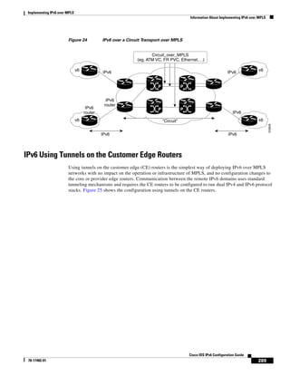 Implementing IPv6 over MPLS
Information About Implementing IPv6 over MPLS
289
Cisco IOS IPv6 Configuration Guide
78-17482-01
Figure 24 IPv6 over a Circuit Transport over MPLS
IPv6 Using Tunnels on the Customer Edge Routers
Using tunnels on the customer edge (CE) routers is the simplest way of deploying IPv6 over MPLS
networks with no impact on the operation or infrastructure of MPLS, and no configuration changes to
the core or provider edge routers. Communication between the remote IPv6 domains uses standard
tunneling mechanisms and requires the CE routers to be configured to run dual IPv4 and IPv6 protocol
stacks. Figure 25 shows the configuration using tunnels on the CE routers.
103629
IPv6
router
Circuit_over_MPLS
(eg. ATM VC, FR PVC, Ethernet,…)
IPv6 IPv6
IPv6
IPv6IPv6
v6
v6
v6
v6"Circuit"
P P
P P
IPv6
router
IPv6
router
 