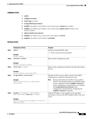 Implementing IPv6 over MPLS
How to Implement IPv6 over MPLS
295
Cisco IOS IPv6 Configuration Guide
78-17482-01
SUMMARY STEPS
1. enable
2. configure terminal
3. router bgp as-number
4. no bgp default ipv4-unicast
5. neighbor {ip-address | ipv6-address | peer-group-name} remote-as as-number
6. neighbor {ip-address | ipv6-address | peer-group-name} update-source interface-type
interface-number
7. address-family ipv6 [unicast]
8. neighbor {ip-address | peer-group-name | ipv6-address} activate
9. neighbor {ip-address | ipv6-address} send-label
DETAILED STEPS
Command or Action Purpose
Step 1 enable
Example:
Router> enable
Enables privileged EXEC mode.
• Enter your password if prompted.
Step 2 configure terminal
Example:
Router# configure terminal
Enters global configuration mode.
Step 3 router bgp as-number
Example:
Router(config)# router bgp 65000
Enters router configuration mode for the specified routing
process.
Step 4 no bgp default ipv4-unicast
Example:
Router(config-router)# no bgp default
ipv4-unicast
Disables the IPv4 unicast address family for the BGP
routing process specified in the previous step.
Note Routing information for the IPv4 unicast address
family is advertised by default for each BGP routing
session configured with the neighbor remote-as
router configuration command unless you configure
the no bgp default ipv4-unicast router
configuration command before configuring the
neighbor remote-as command.
Step 5 neighbor {ip-address | ipv6-address |
peer-group-name} remote-as as-number
Example:
Router(config-router)# neighbor 192.168.99.70
remote-as 65000
Adds the IP address of the neighbor in the specified
autonomous system to the BGP neighbor table of the local
router.
 
