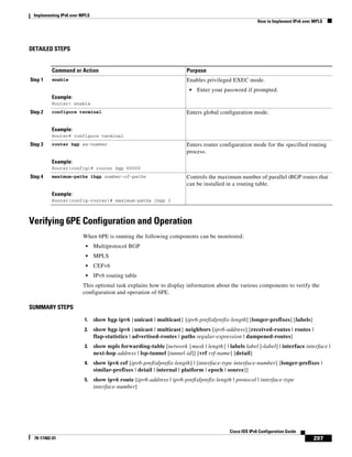 Implementing IPv6 over MPLS
How to Implement IPv6 over MPLS
297
Cisco IOS IPv6 Configuration Guide
78-17482-01
DETAILED STEPS
Verifying 6PE Configuration and Operation
When 6PE is running the following components can be monitored:
• Multiprotocol BGP
• MPLS
• CEFv6
• IPv6 routing table
This optional task explains how to display information about the various components to verify the
configuration and operation of 6PE.
SUMMARY STEPS
1. show bgp ipv6 {unicast | multicast} [ipv6-prefix/prefix-length] [longer-prefixes] [labels]
2. show bgp ipv6 {unicast | multicast} neighbors [ipv6-address] [received-routes | routes |
flap-statistics | advertised-routes | paths regular-expression | dampened-routes]
3. show mpls forwarding-table [network {mask | length} | labels label [-label] | interface interface |
next-hop address | lsp-tunnel [tunnel-id]] [vrf vrf-name] [detail]
4. show ipv6 cef [ipv6-prefix/prefix-length] | [interface-type interface-number] [longer-prefixes |
similar-prefixes | detail | internal | platform | epoch | source]]
5. show ipv6 route [ipv6-address | ipv6-prefix/prefix-length | protocol | interface-type
interface-number]
Command or Action Purpose
Step 1 enable
Example:
Router> enable
Enables privileged EXEC mode.
• Enter your password if prompted.
Step 2 configure terminal
Example:
Router# configure terminal
Enters global configuration mode.
Step 3 router bgp as-number
Example:
Router(config)# router bgp 65000
Enters router configuration mode for the specified routing
process.
Step 4 maximum-paths ibgp number-of-paths
Example:
Router(config-router)# maximum-paths ibgp 3
Controls the maximum number of parallel iBGP routes that
can be installed in a routing table.
 