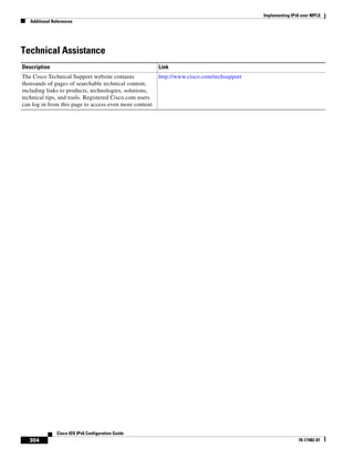 Implementing IPv6 over MPLS
Additional References
304
Cisco IOS IPv6 Configuration Guide
78-17482-01
Technical Assistance
Description Link
The Cisco Technical Support website contains
thousands of pages of searchable technical content,
including links to products, technologies, solutions,
technical tips, and tools. Registered Cisco.com users
can log in from this page to access even more content.
http://www.cisco.com/techsupport
 