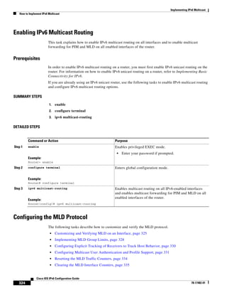 Implementing IPv6 Multicast
How to Implement IPv6 Multicast
324
Cisco IOS IPv6 Configuration Guide
78-17482-01
Enabling IPv6 Multicast Routing
This task explains how to enable IPv6 multicast routing on all interfaces and to enable multicast
forwarding for PIM and MLD on all enabled interfaces of the router.
Prerequisites
In order to enable IPv6 multicast routing on a router, you must first enable IPv6 unicast routing on the
router. For information on how to enable IPv6 unicast routing on a router, refer to Implementing Basic
Connectivity for IPv6.
If you are already using an IPv6 unicast router, use the following tasks to enable IPv6 multicast routing
and configure IPv6 multicast routing options.
SUMMARY STEPS
1. enable
2. configure terminal
3. ipv6 multicast-routing
DETAILED STEPS
Configuring the MLD Protocol
The following tasks describe how to customize and verify the MLD protocol.
• Customizing and Verifying MLD on an Interface, page 325
• Implementing MLD Group Limits, page 328
• Configuring Explicit Tracking of Receivers to Track Host Behavior, page 330
• Configuring Multicast User Authentication and Profile Support, page 331
• Resetting the MLD Traffic Counters, page 334
• Clearing the MLD Interface Counters, page 335
Command or Action Purpose
Step 1 enable
Example:
Router> enable
Enables privileged EXEC mode.
• Enter your password if prompted.
Step 2 configure terminal
Example:
Router# configure terminal
Enters global configuration mode.
Step 3 ipv6 multicast-routing
Example:
Router(config)# ipv6 multicast-routing
Enables multicast routing on all IPv6-enabled interfaces
and enables multicast forwarding for PIM and MLD on all
enabled interfaces of the router.
 